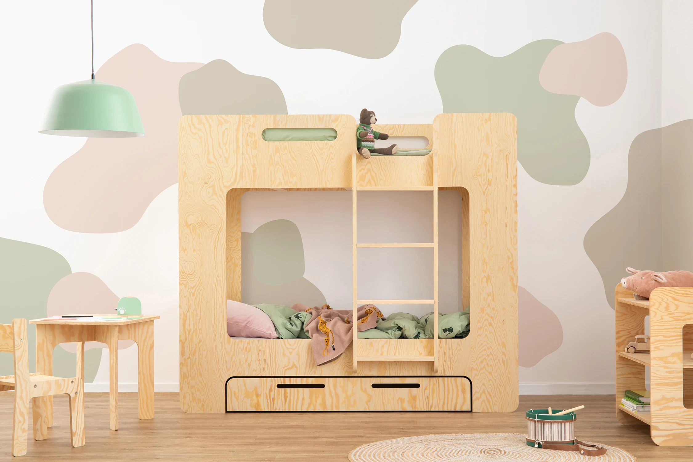 Lit superposé pour enfants en bois avec tiroir et sommier MIMI D Montessori Naturel 90x190 cm Droite Couchage