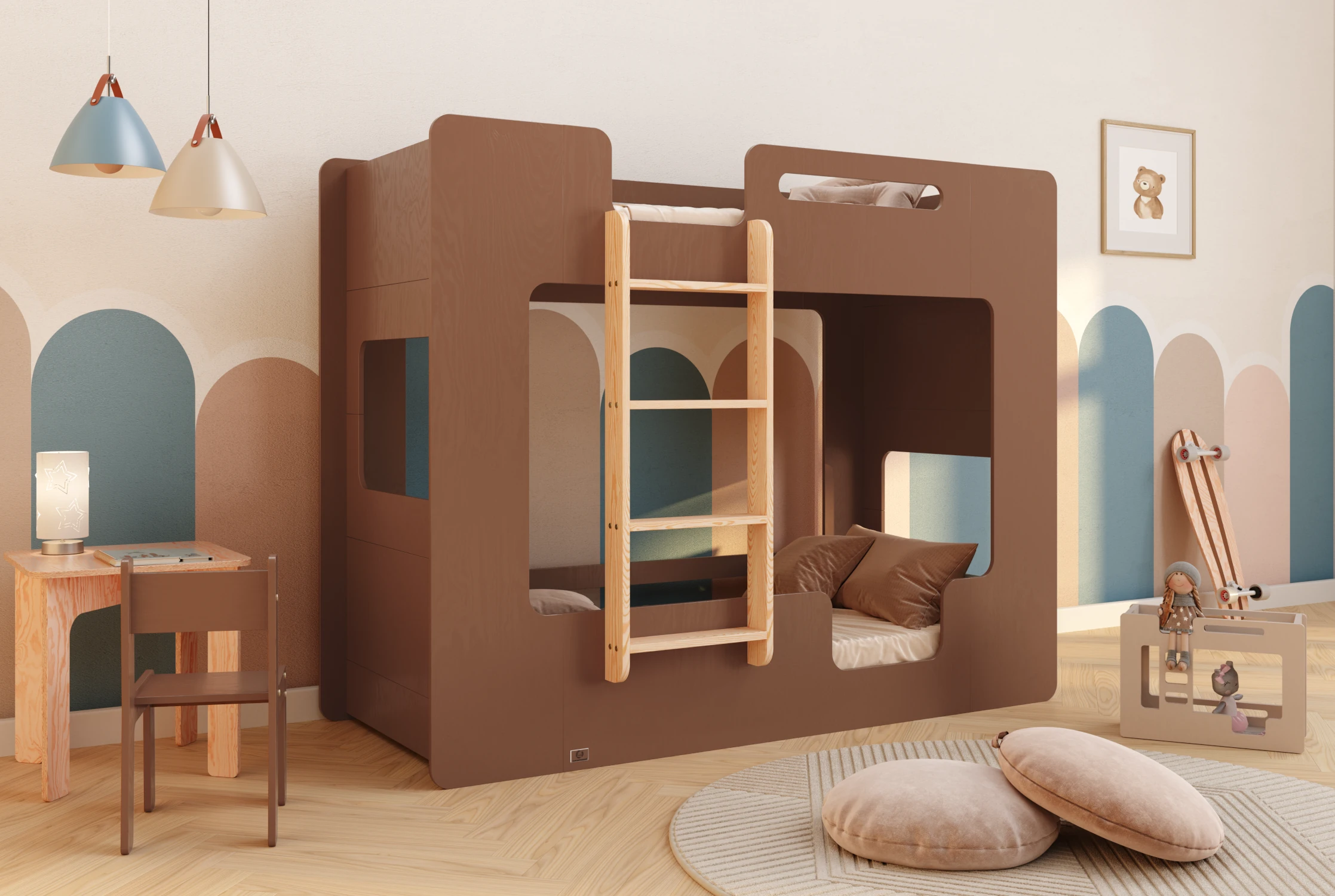 Lit superposé en bois pour enfants avec barrières de sécurité et sommier MIMI B Montessori