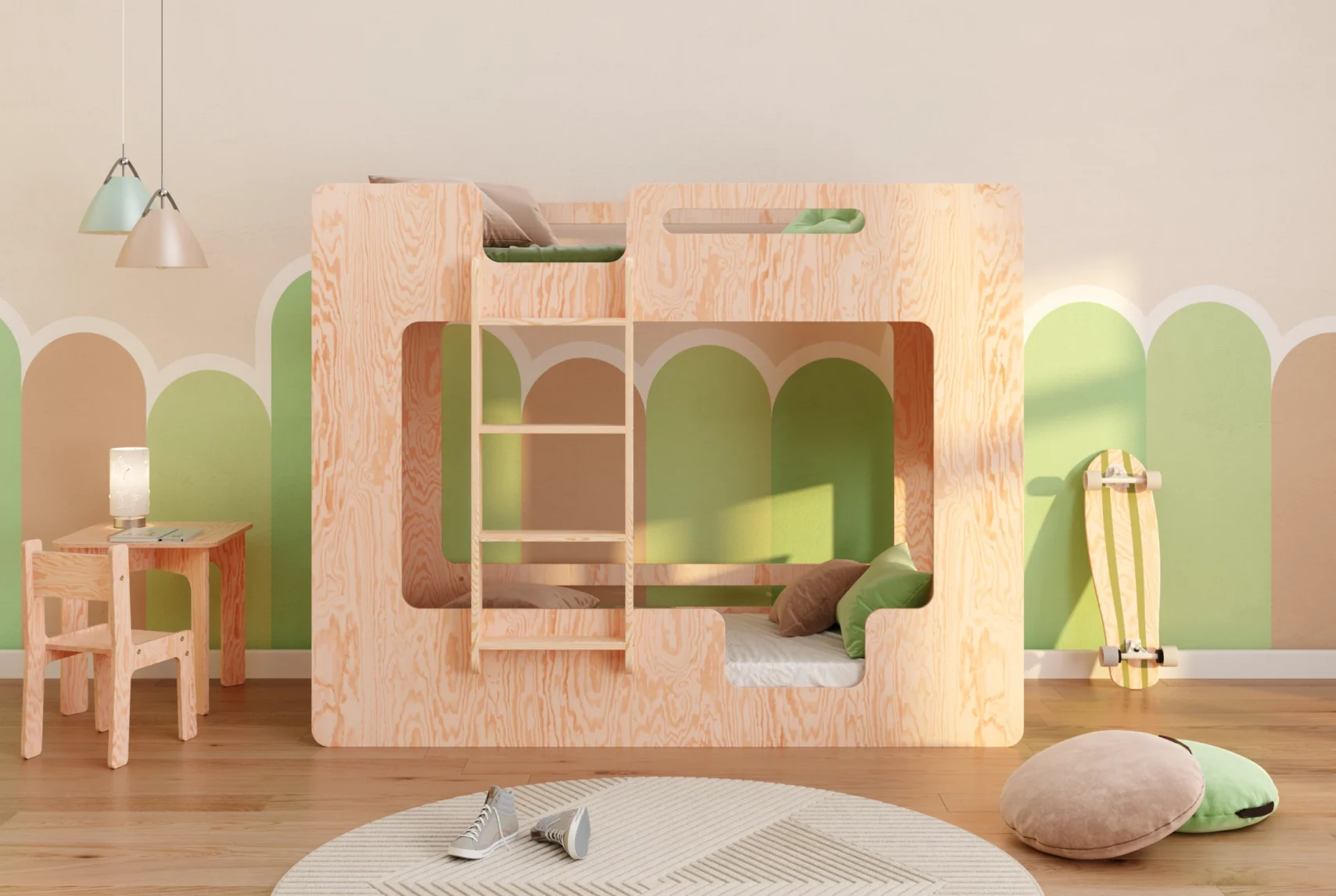 Lit superposé en pin pour enfants avec barrières de sécurité et sommier MIMI B scandinave