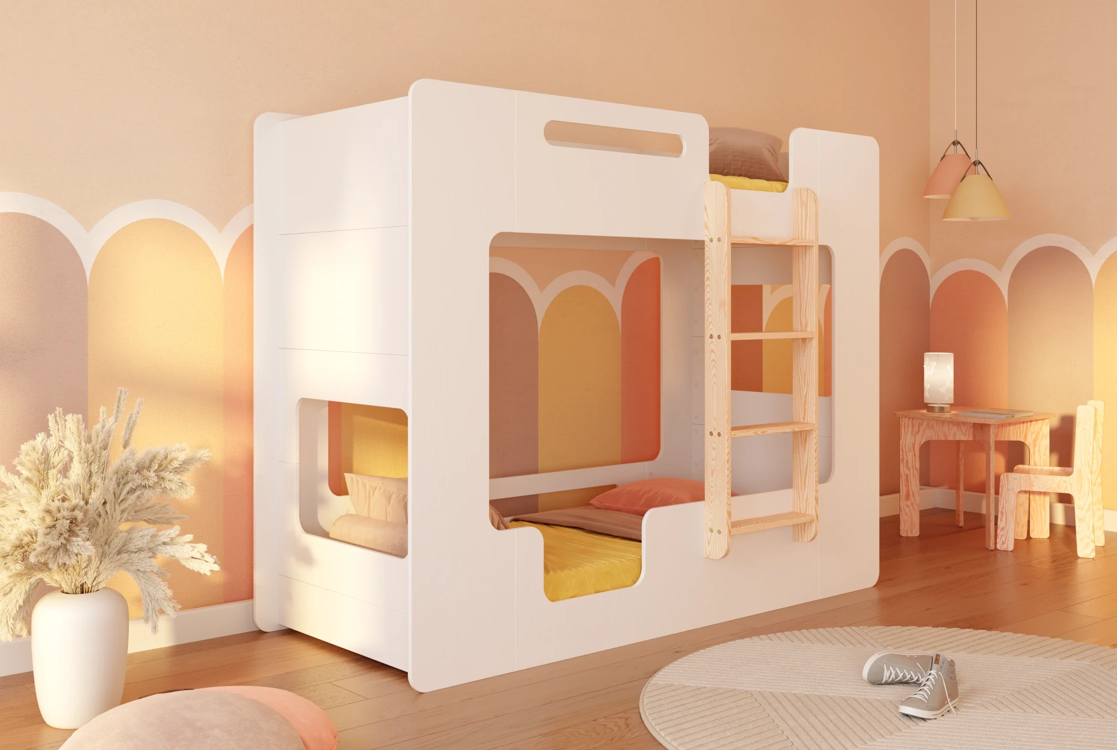 Lit enfant superposé Mimi B blanc avec échelle à droite en bois naturel dans une chambre
