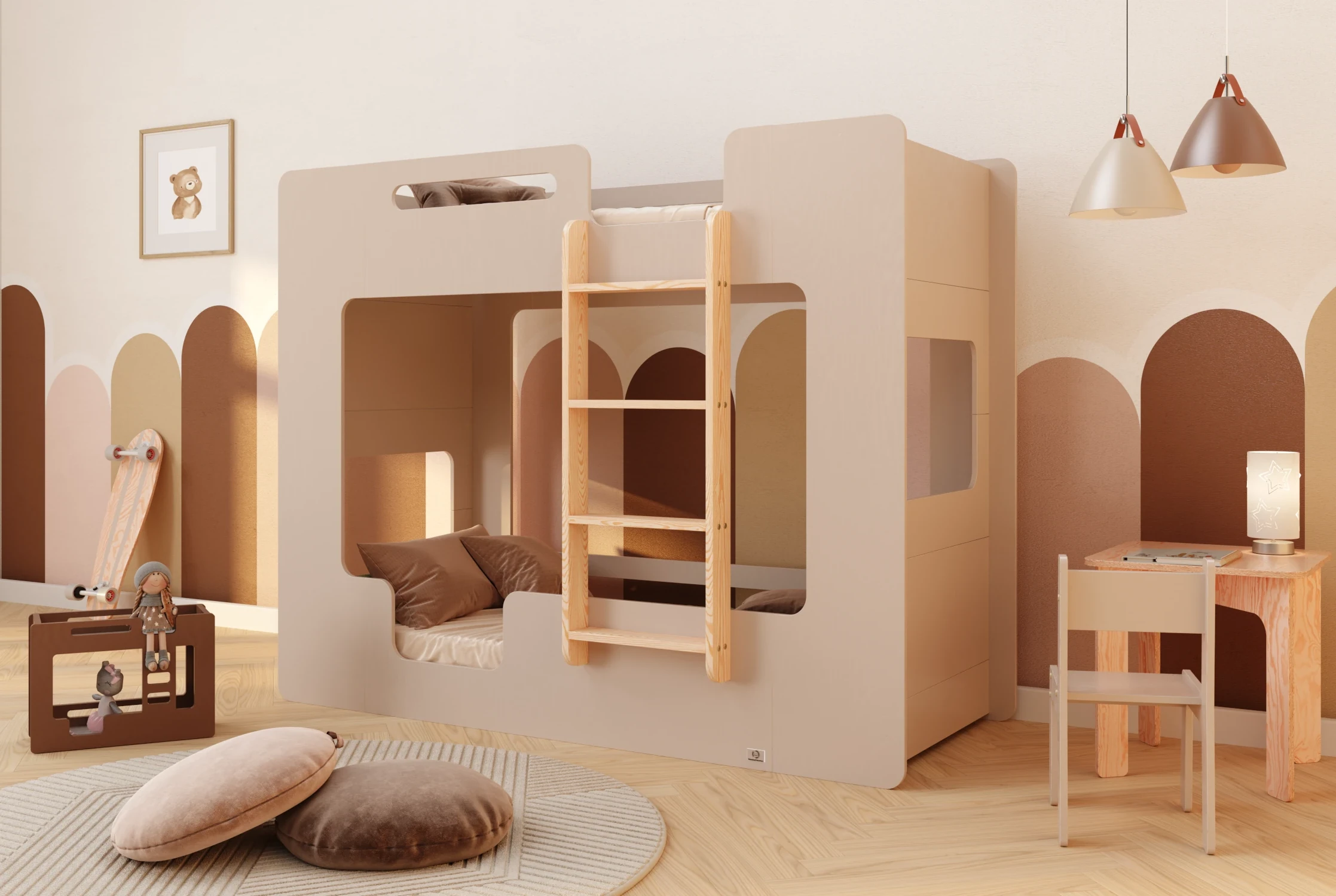 Lit enfant superposé Mimi B couleur cachemire avec échelle en bois dans une chambre d'enfant