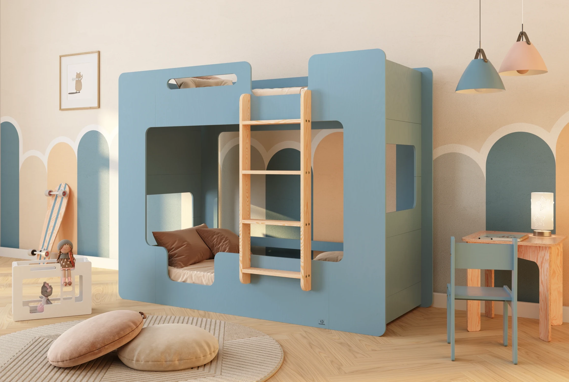 Lit superposé en bois pour enfants avec barrières de sécurité et sommier MIMI B Montessori