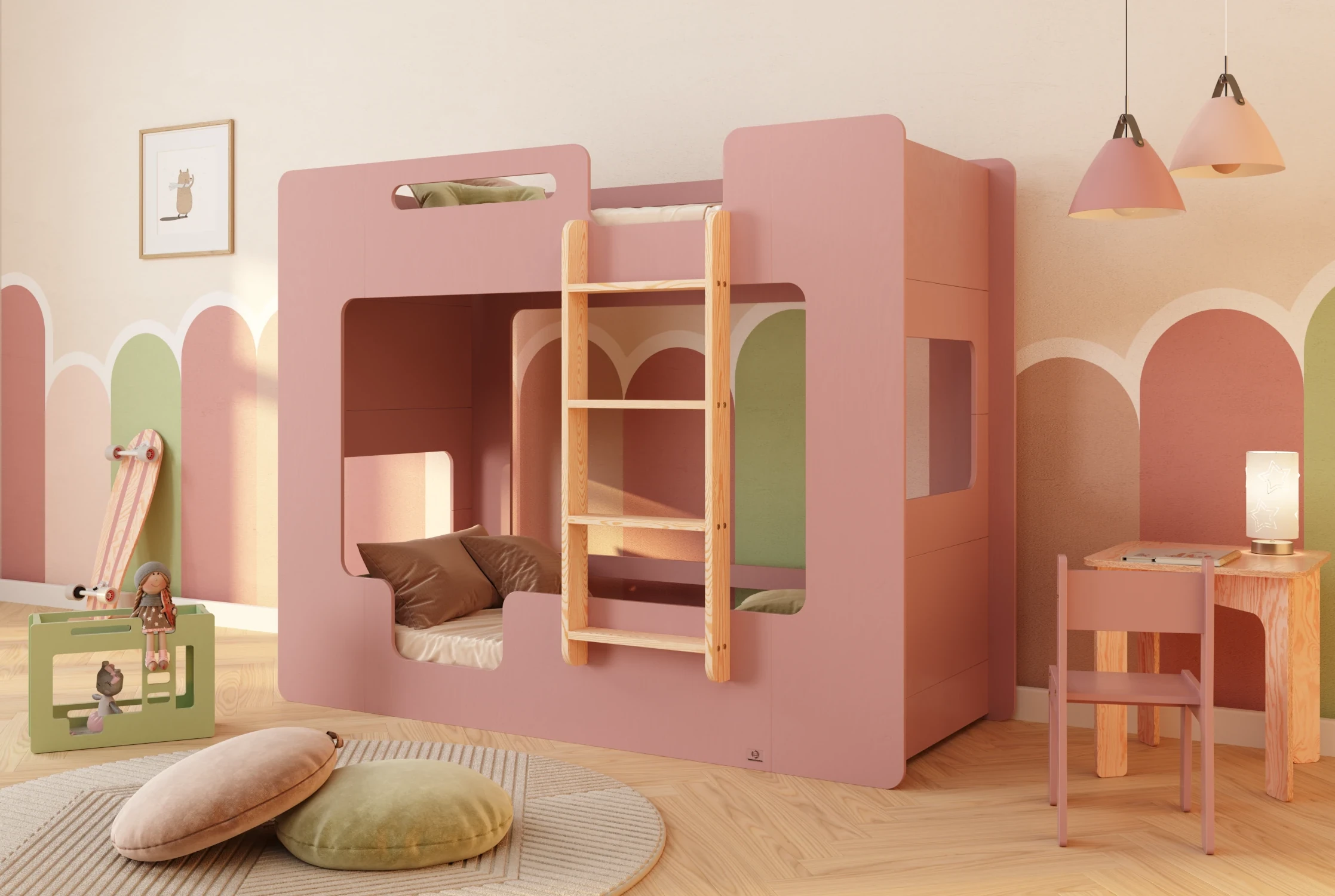 Lit superposé en bois pour enfants avec barrières de sécurité et sommier MIMI B Montessori