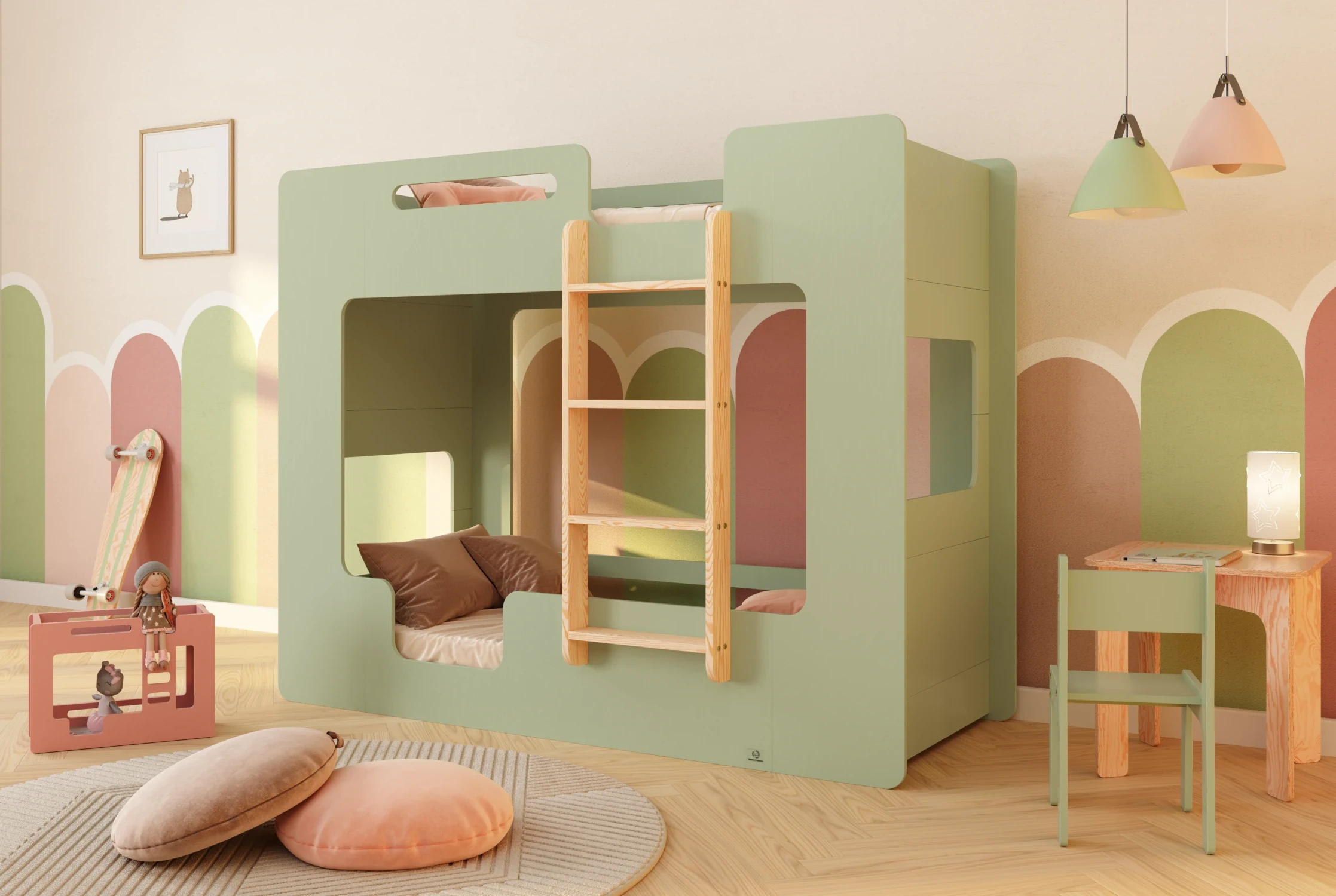 Lit superposé en bois pour enfants avec barrières de sécurité et sommier MIMI B Montessori
