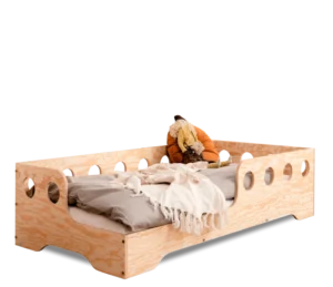 Lit en bois fabriqué en contreplaqué de pin couleur bois naturel avec entrée à gauche