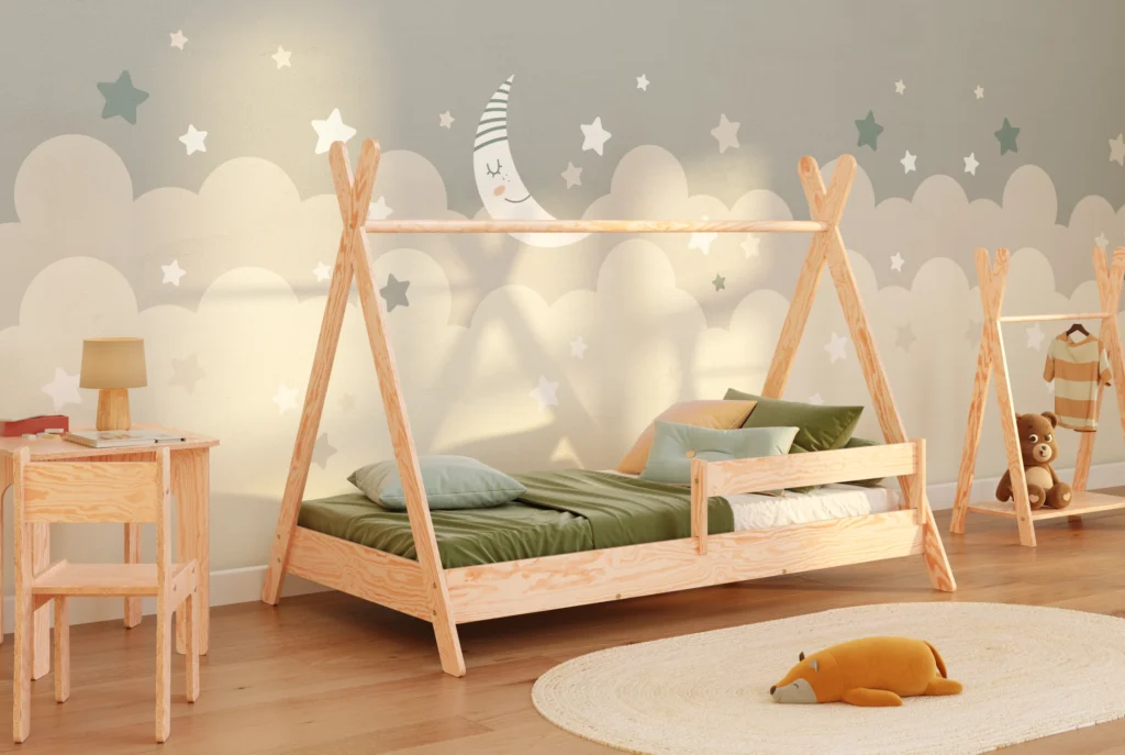 Lit pour enfant en bois de style tipi fabriqué en contreplaqué de pin de couleur bois naturel avec une barrière latérale