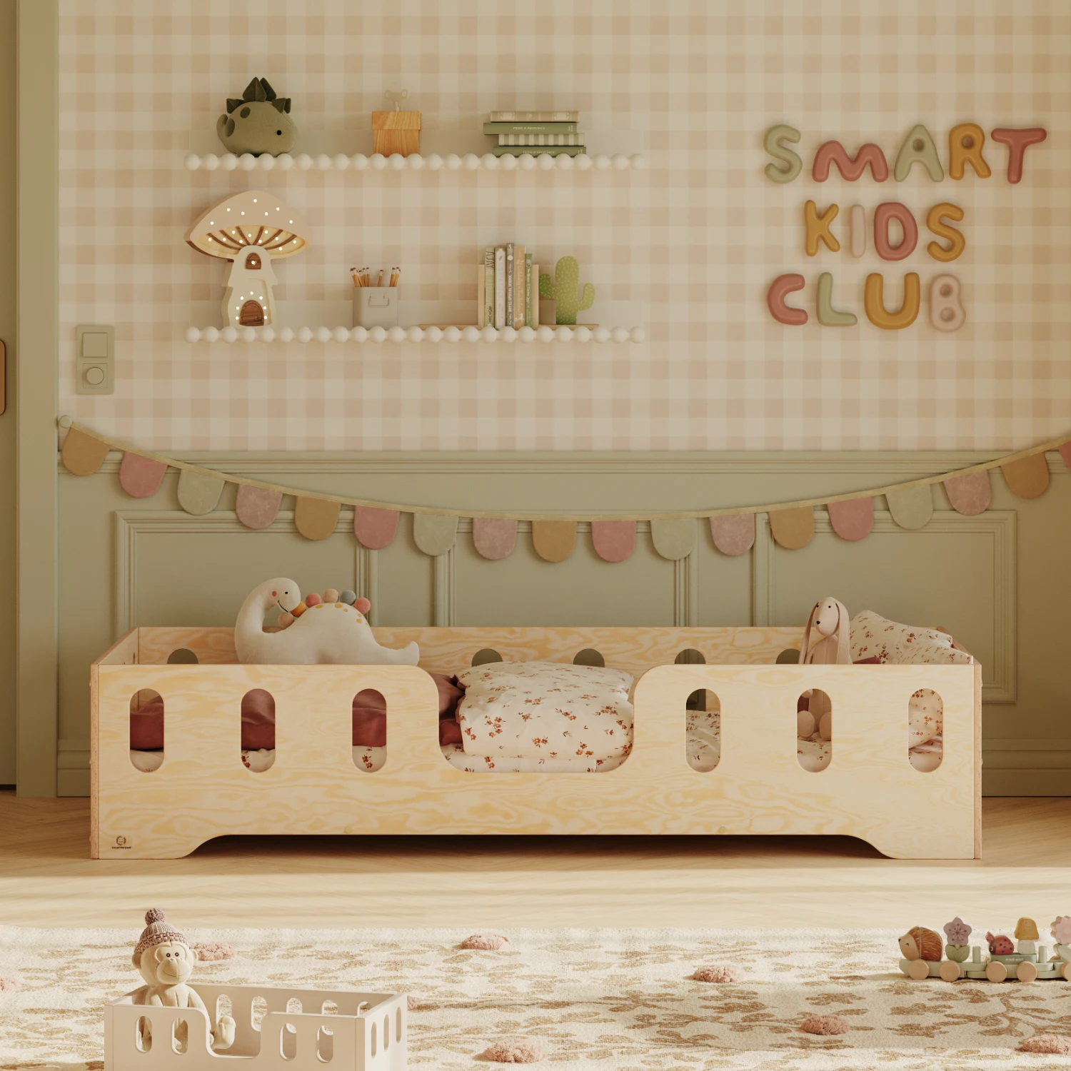 Lit simple en bois pour enfant avec barrière de sécurité et sommier TILA 2 Montessori