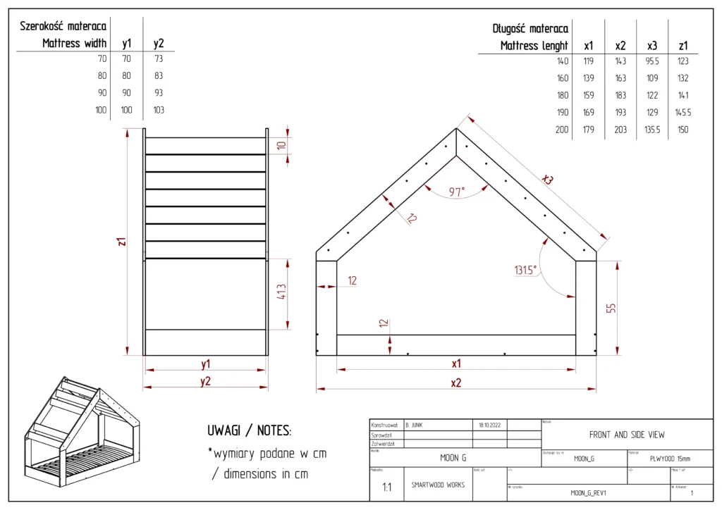 Dessin technique d'un lit cabane MOON G