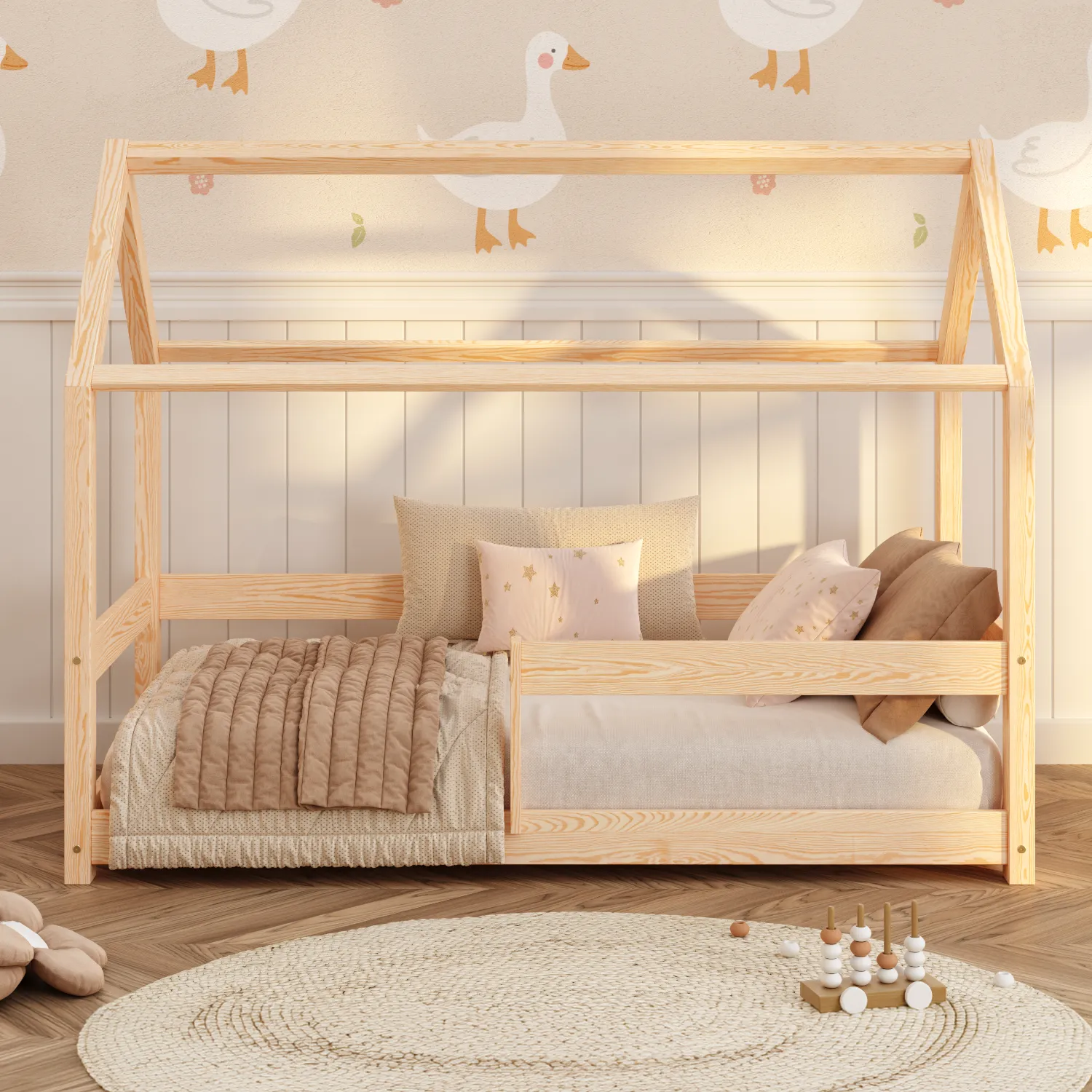 Lit cabane en bois pour enfant avec barrière de sécurité et sommier MILO Montessori