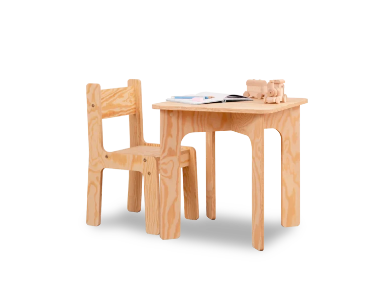 Ensemble pour enfants en bois composé d’une table et d’une chaise fabriqués en contreplaqué de pin