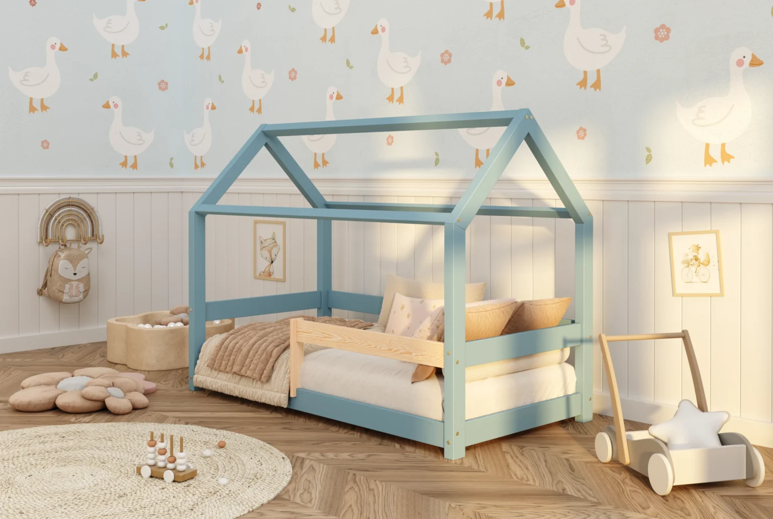 Lit cabane en bois pour enfant avec barrière de sécurité et sommier MILO Montessori