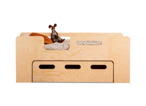 Lit en bois fabriqué en contreplaqué de pin couleur naturel avec entrée à gauche et tiroir