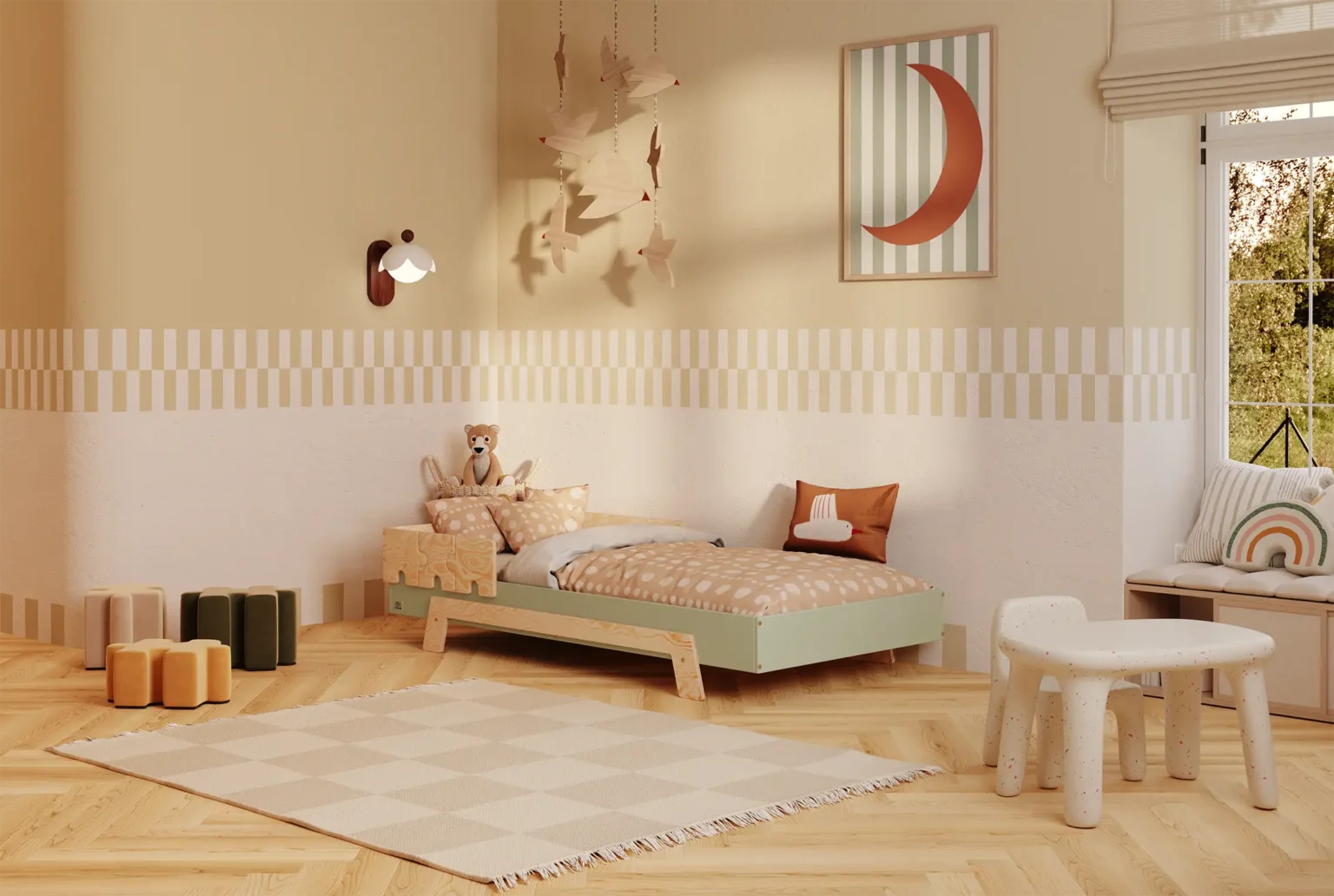 Lit simple enfant en bois avec barrière de sécurité et sommier PUZZLE BR1 Montessori