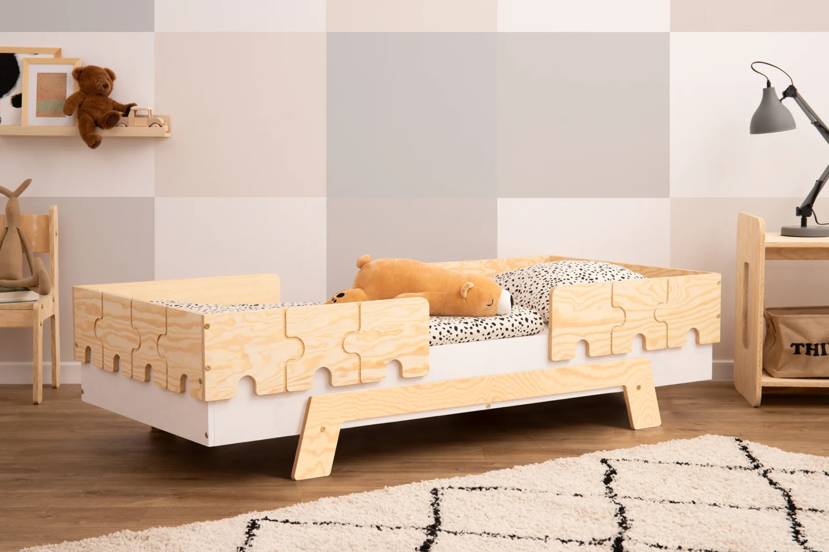Lit simple enfant en pin avec barrières et sommier PUZZLE BR2 scandinave