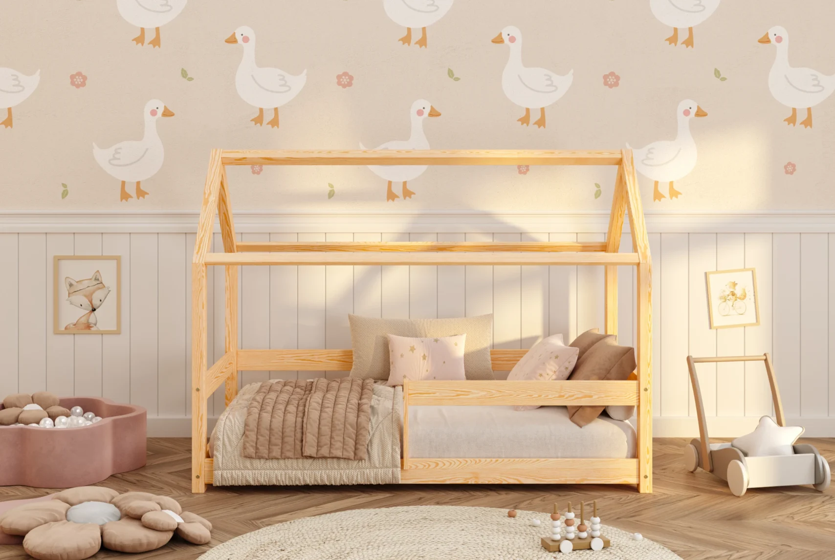 Lit cabane en pin pour enfant avec barrière de sécurité et sommier MILO scandinave