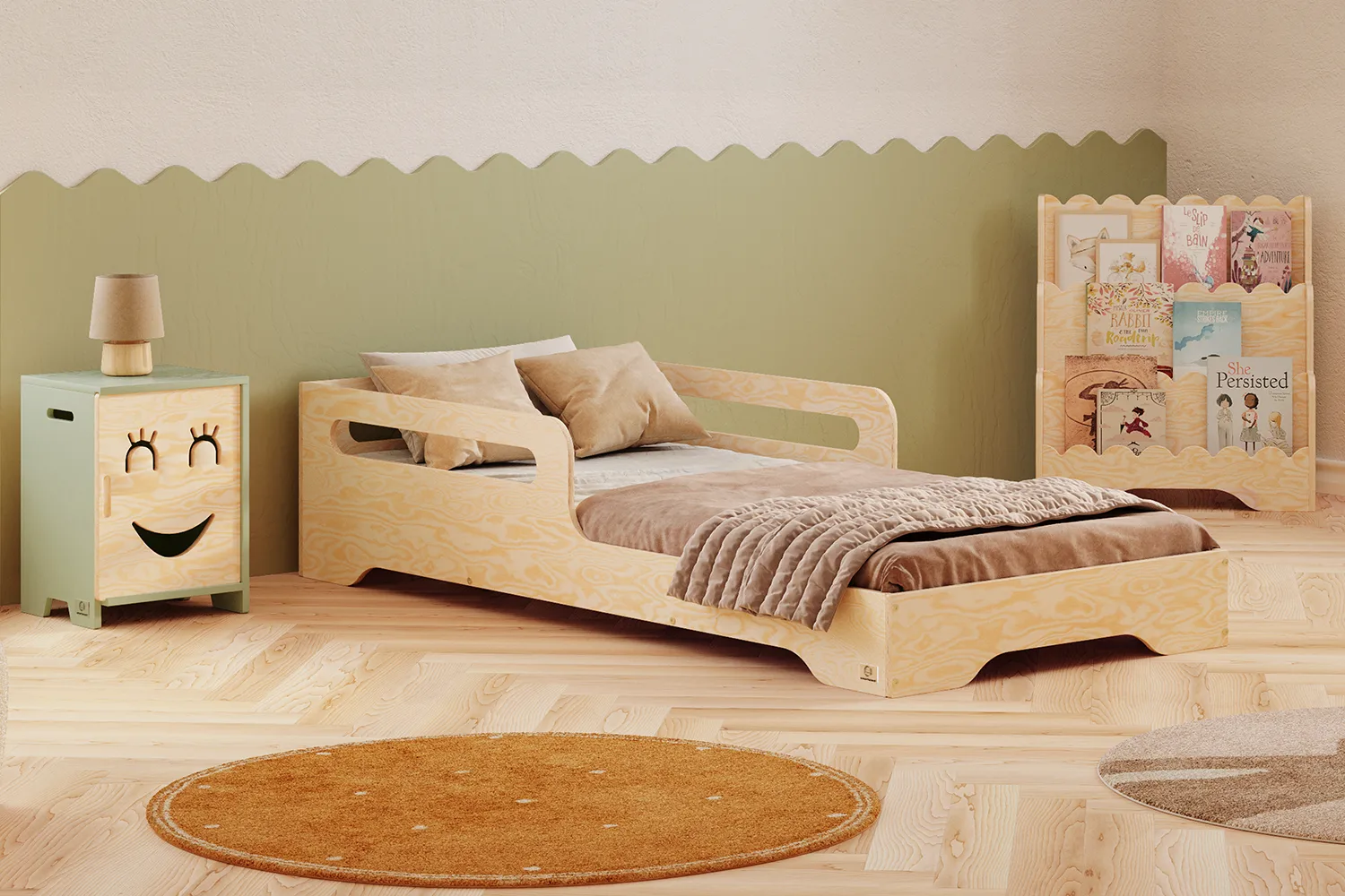 Lit enfant Montessori Tila 3 en contreplaqué de pin naturel avec barrière de protection à ouverture horizontale