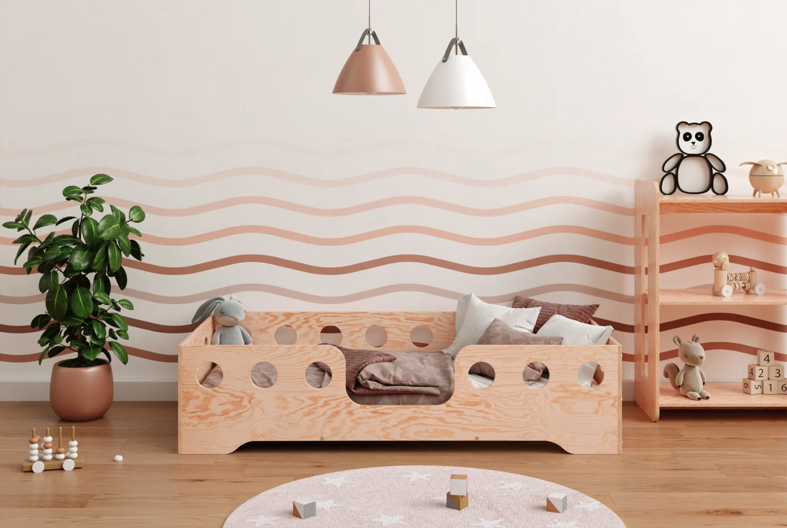 Lit simple enfant en bois avec barrière de sécurité et sommier TILA 4 Montessori