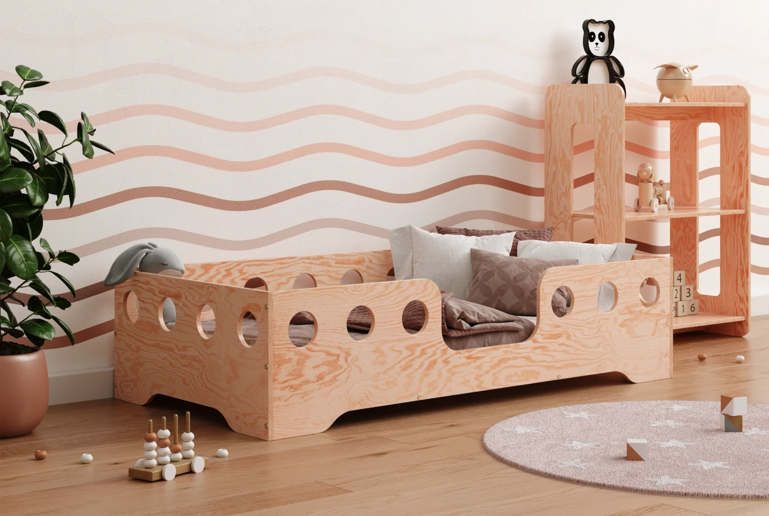 Lit simple enfant en bois avec barrière de sécurité et sommier TILA 4 Montessori