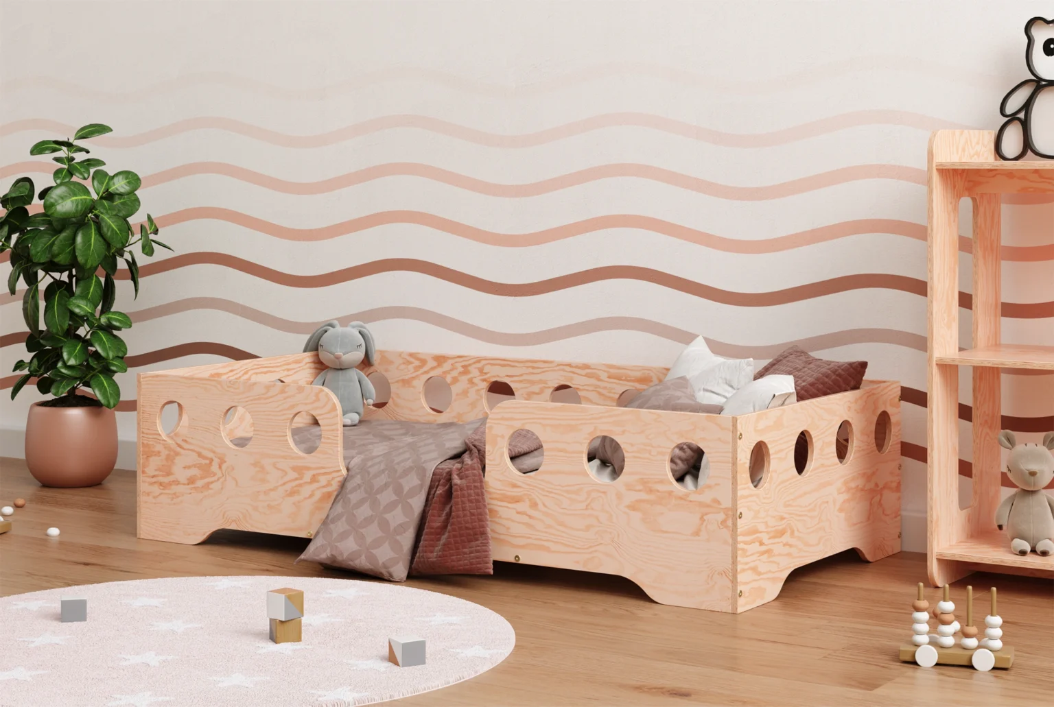 Lit en bois fabriqué en contreplaqué de pin couleur bois naturel avec entrée centrale