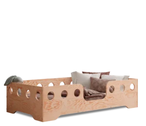 Lit en bois fabriqué en contreplaqué de pin couleur bois naturel avec entrée centrale