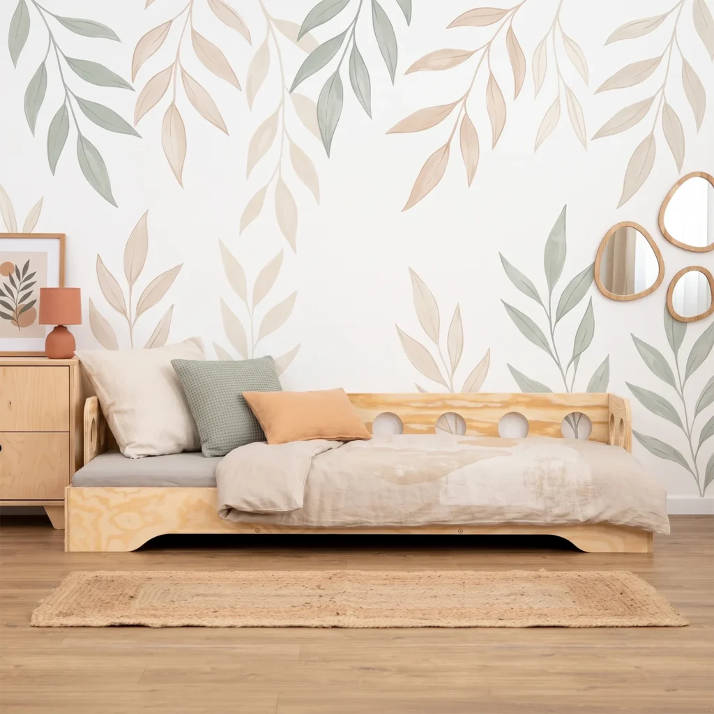 Lit simple TILA 5S en contreplaqué de pin naturel, installé dans une chambre d’enfant lumineuse au décor végétal.