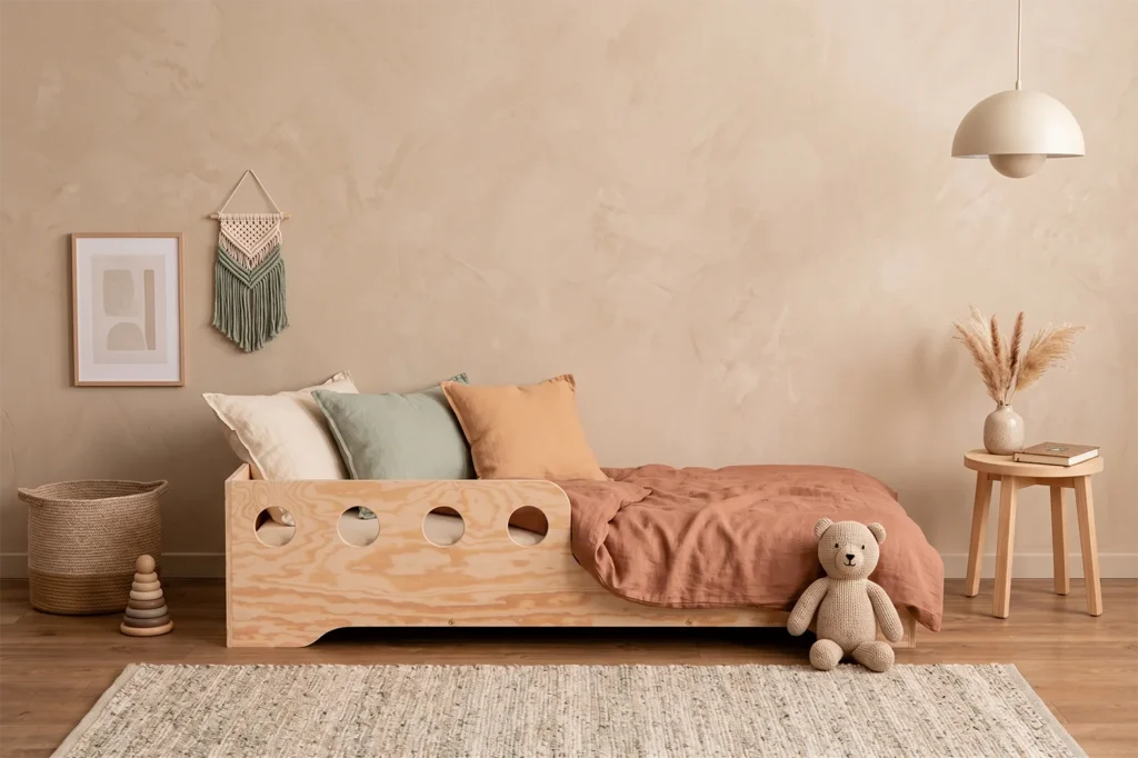 Lit simple TILA 6C en contreplaqué de pin naturel, installé dans une chambre d’enfant aux tons beige et terracotta.