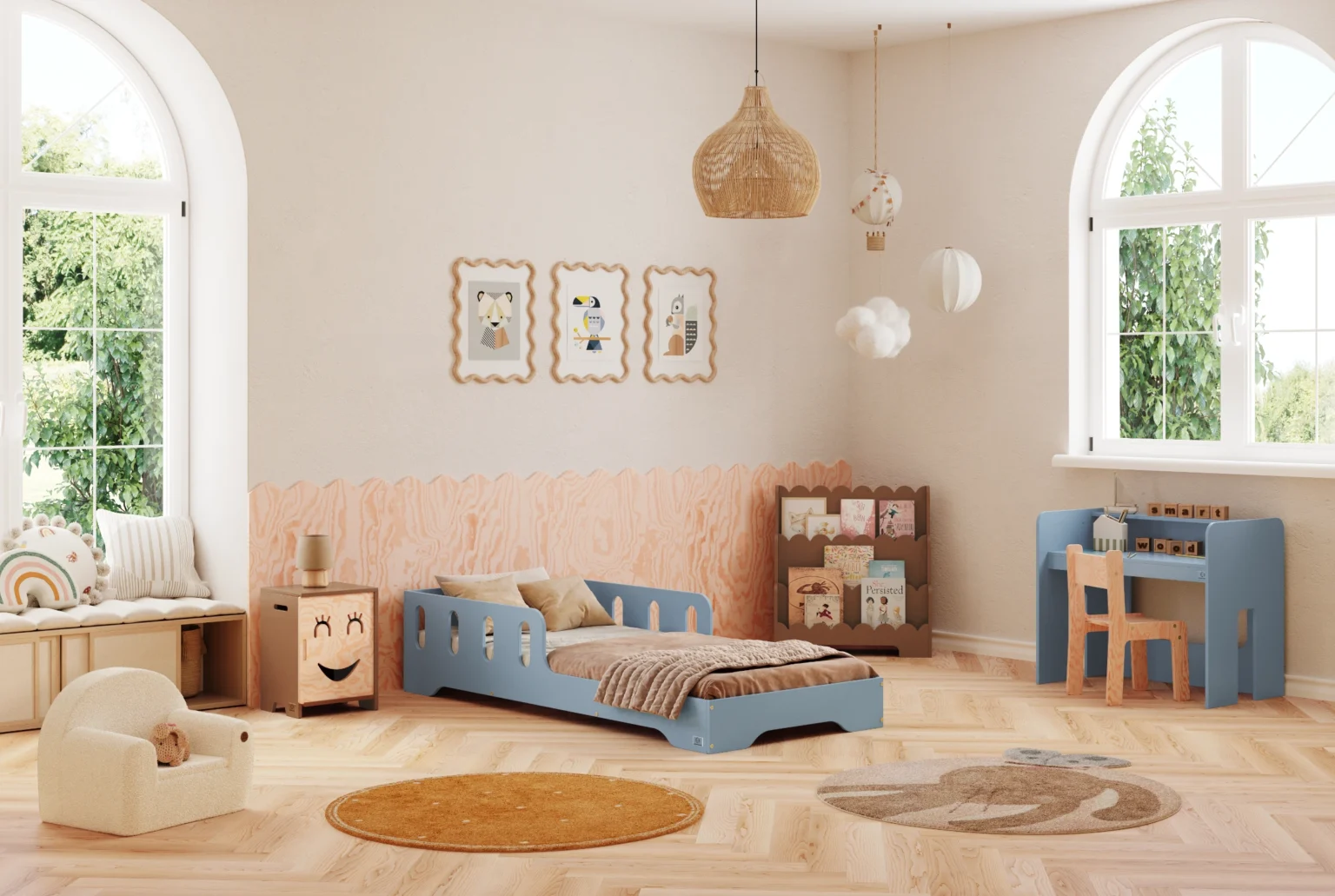 Lit simple enfant en bois avec barrière de sécurité et sommier TILA 6 Montessori