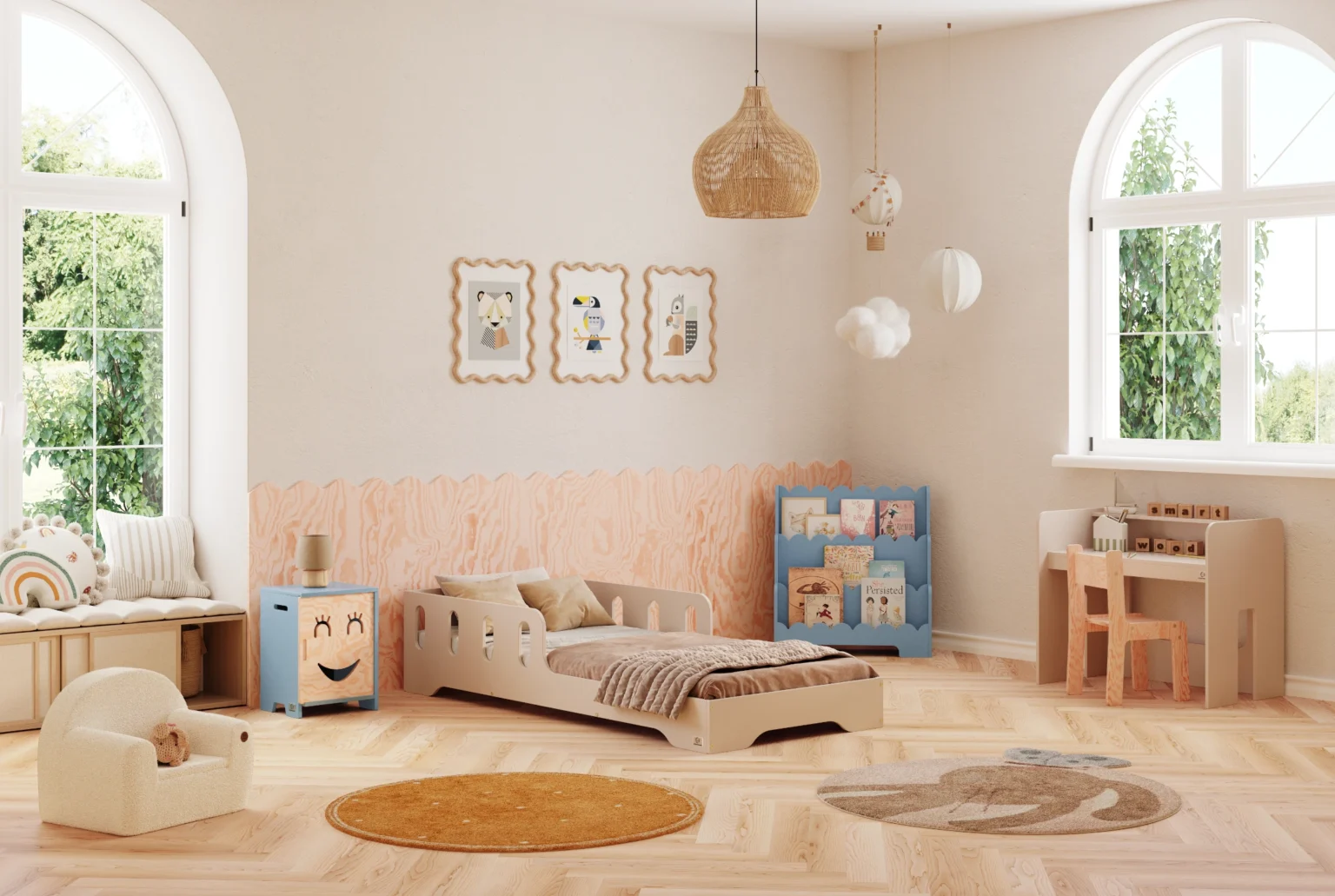 Lit simple enfant en bois avec barrière de sécurité et sommier TILA 6 Montessori