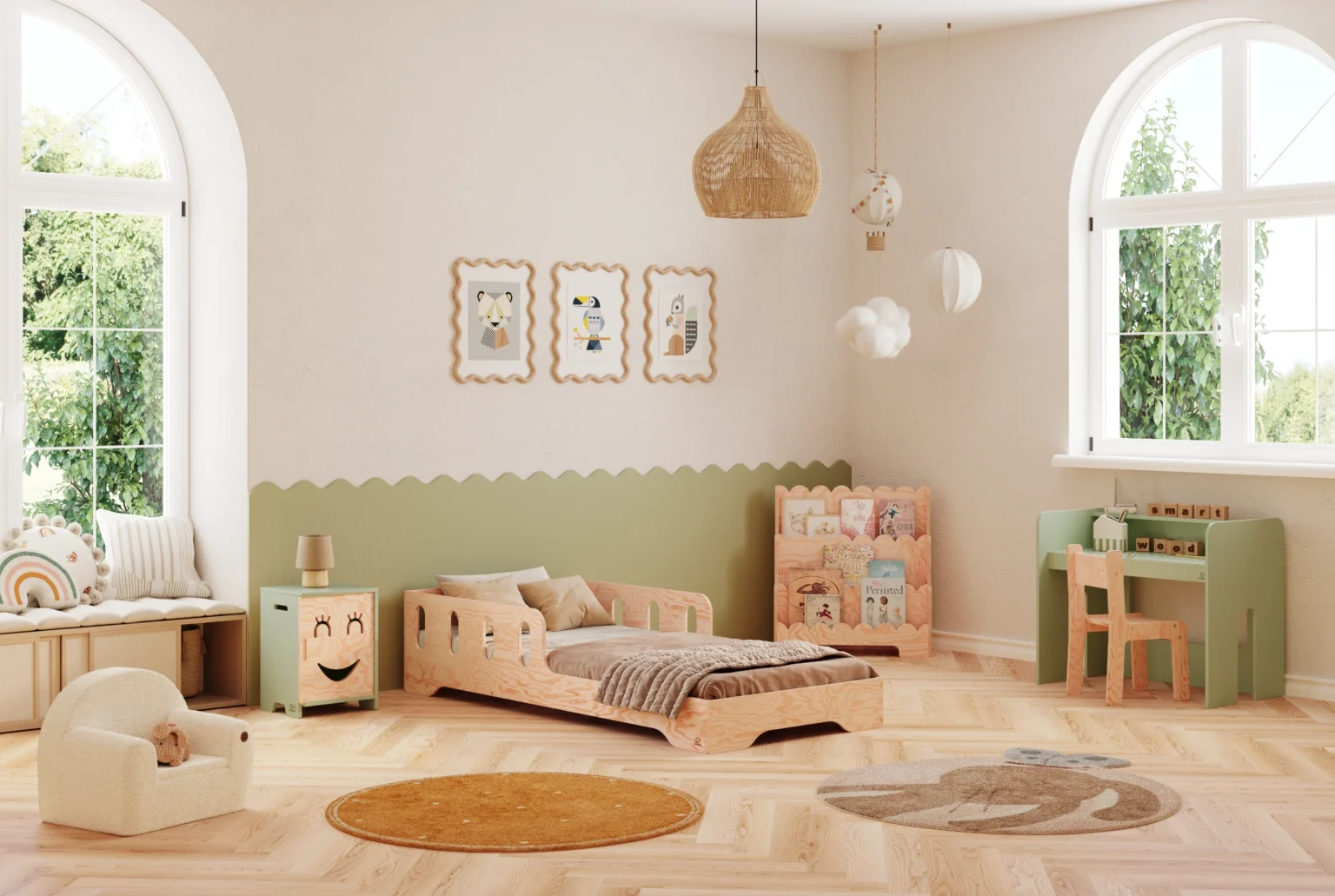 Lit simple enfant en bois avec barrière de sécurité et sommier TILA 6 Montessori