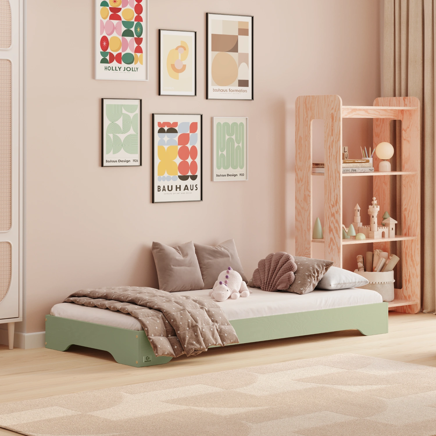 Lit enfant en bois sans barrières fabriqué en contreplaqué de pin couleur vert