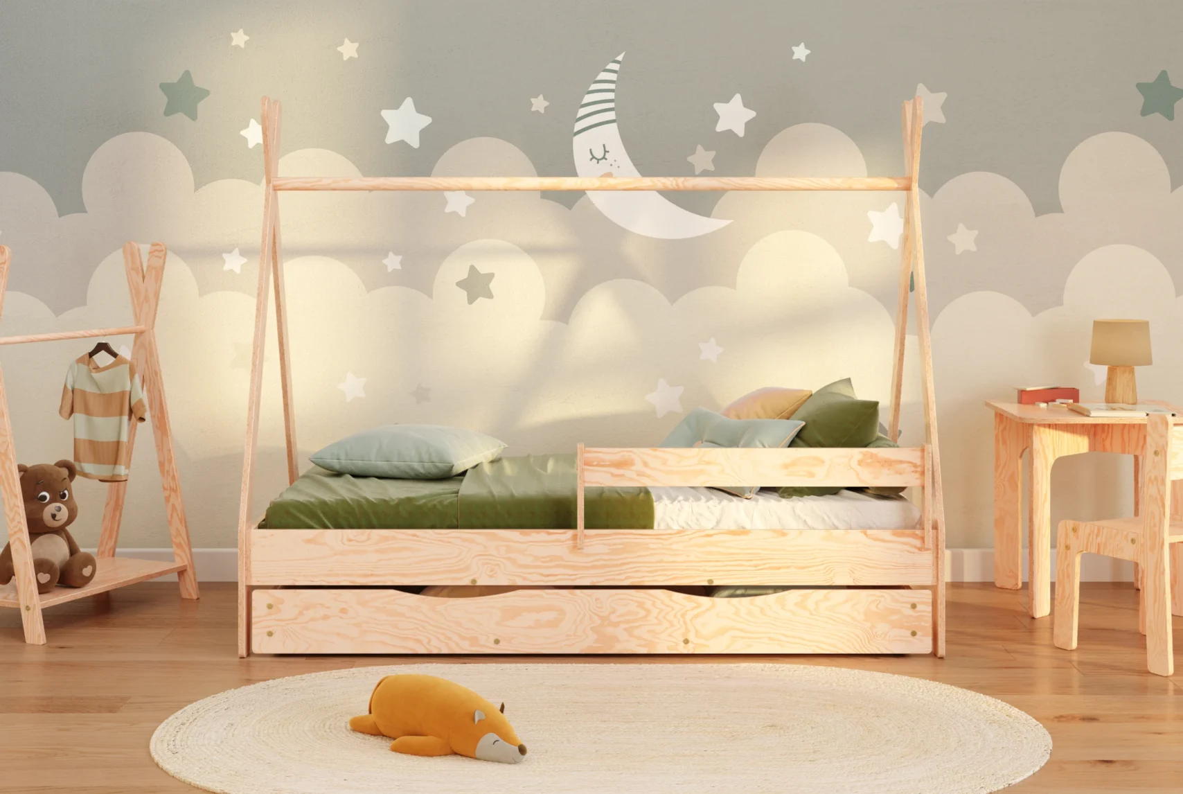 Lit cabane en pin pour enfant avec tiroir, barrière de sécurité et sommier TIPI DRAWER scandinave