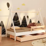 Lit cabane en bois pour enfant avec tiroir, barrière de sécurité et sommier TIPI DRAWER Montessori