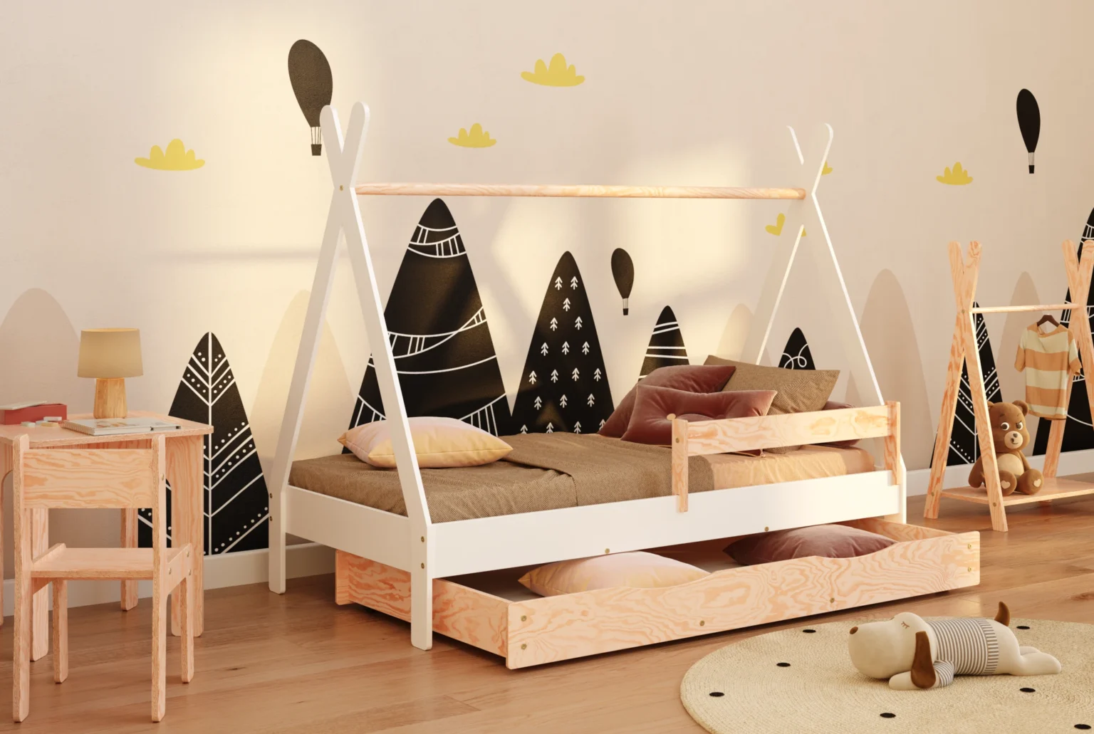 Lit cabane en bois pour enfant avec tiroir, barrière de sécurité et sommier TIPI DRAWER Montessori