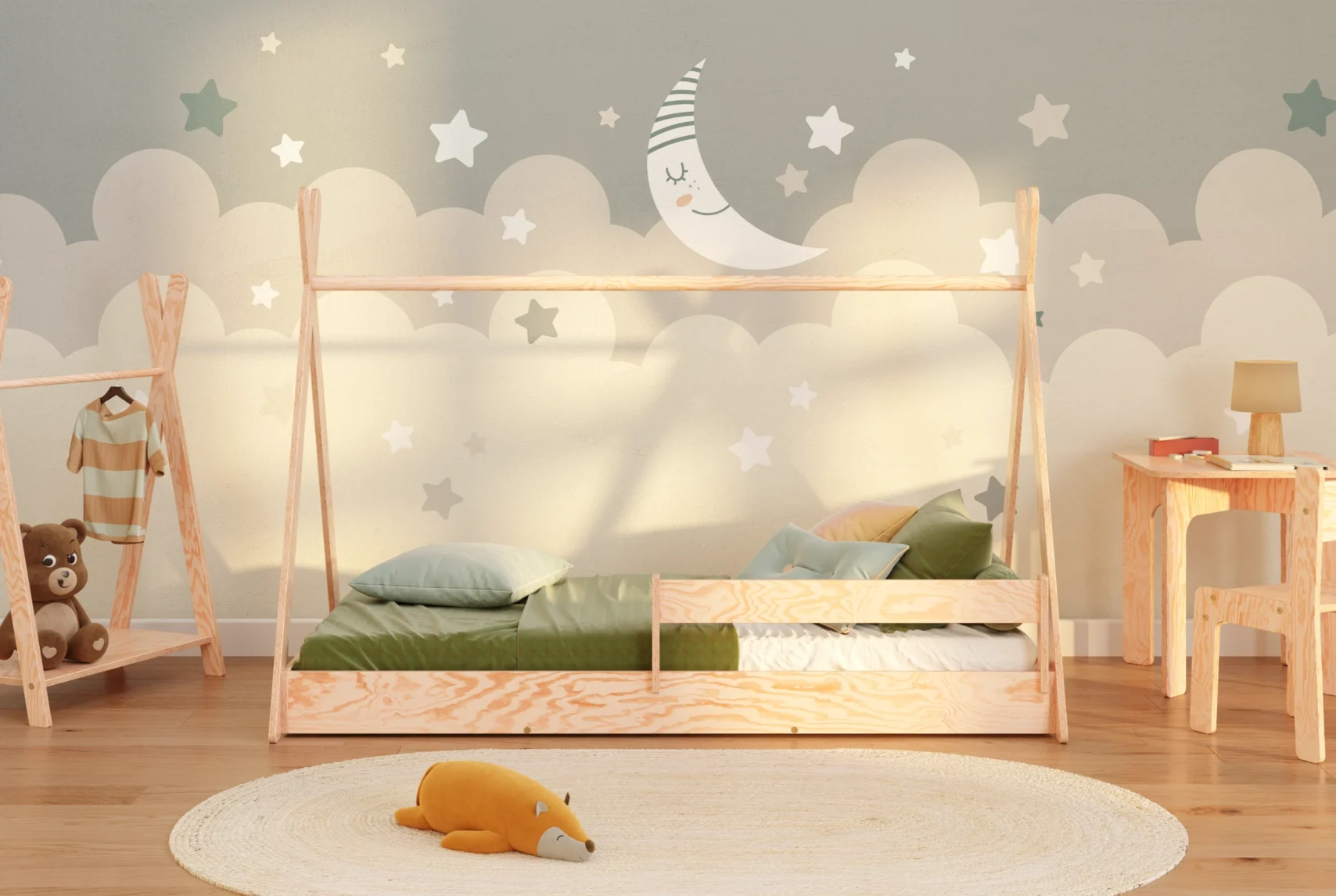 Lit cabane en pin avec barrière de sécurité et sommier TIPI FLOOR scandinave