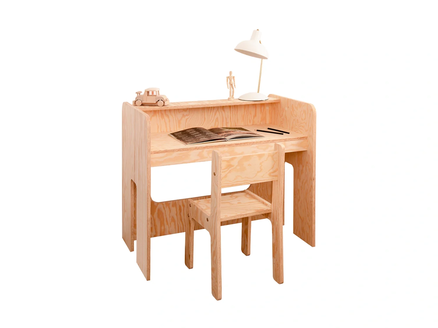 Bureau pour enfants en fabriqués contreplaqué de pin de couleur bois naturel avec chaise pour enfant