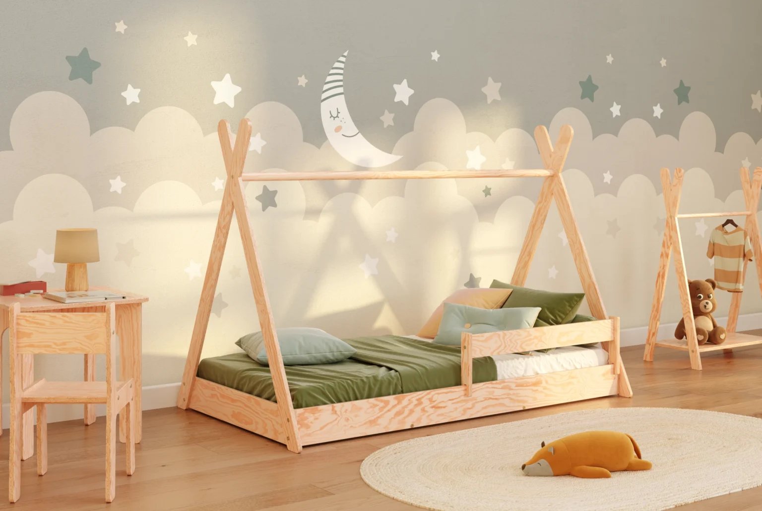 Lit d'enfant en bois de style tipi, fabriqué en contreplaqué de pin, avec une barrière latérale