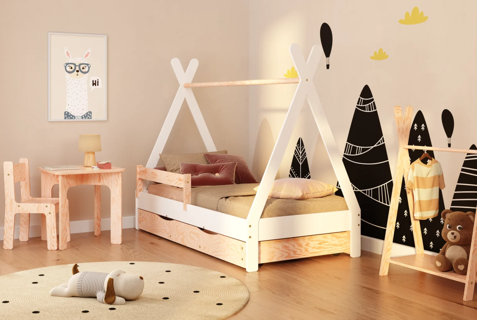 Lit d'enfant en bois de style tipi, fabriqué en contreplaqué de pin blanc, avec une barrière latérale et un tiroir coulissant