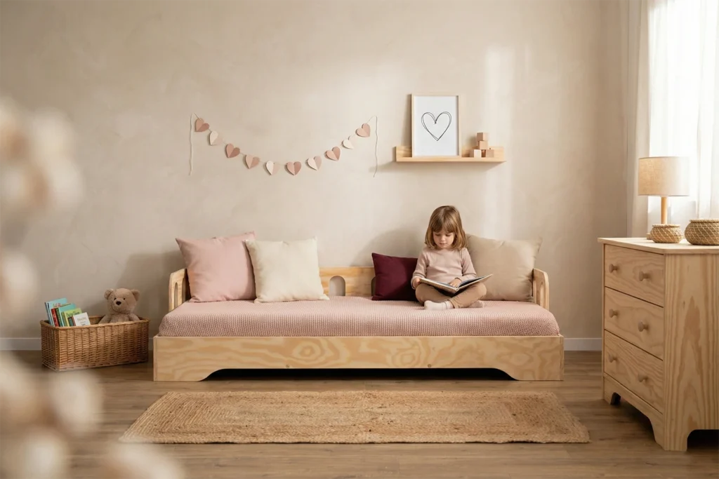 Une fille assise sur le lit TILA 1S dans une chambre d’enfant lumineuse, en train de lire un livre, ambiance chaleureuse.