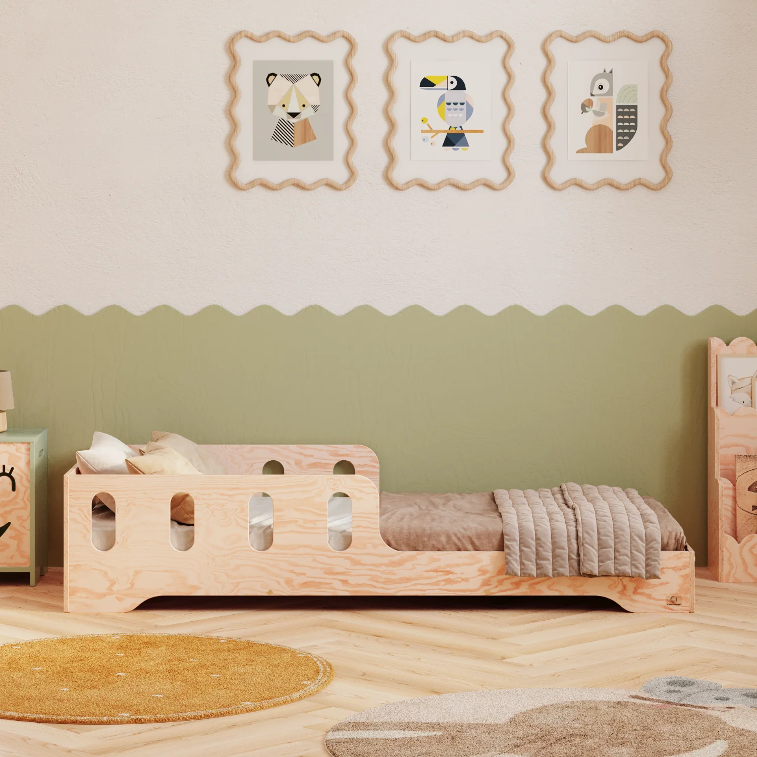 Lit simple enfant en bois avec barrière de sécurité et sommier TILA 6 Montessori