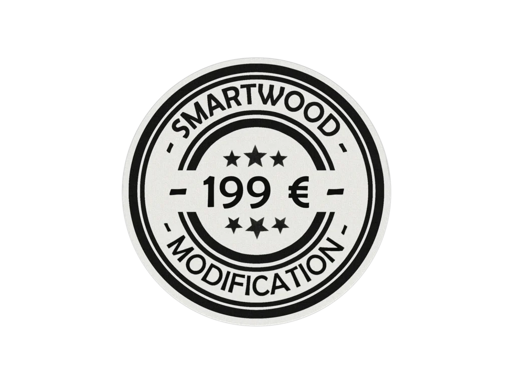 Étiquette noire et blanche avec les inscriptions Smartwood modification et 199€