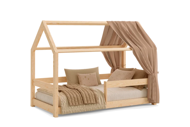 Lit en bois pour enfants en forme de maison fabriqué en bois de pin de couleur bois naturel avec des barrières latérales