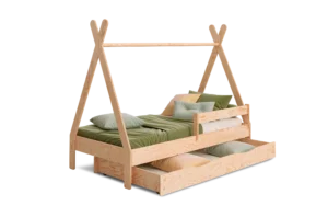 Lit enfant en bois style tipi en contreplaqué de pin couleur bois naturel avec barrière latérale et tiroir coulissant