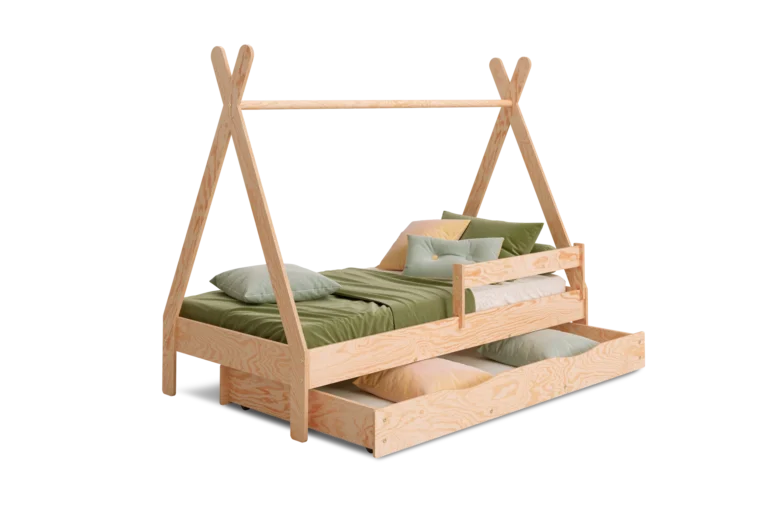 Lit enfant en bois style tipi en contreplaqué de pin couleur bois naturel avec barrière latérale et tiroir coulissant