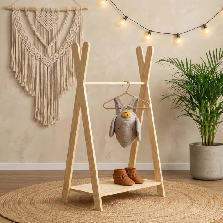 Petit porte-manteau Montessori Tipi M en bois naturel avec étagère, idéal pour vêtements, chaussures et accessoires de bébé.