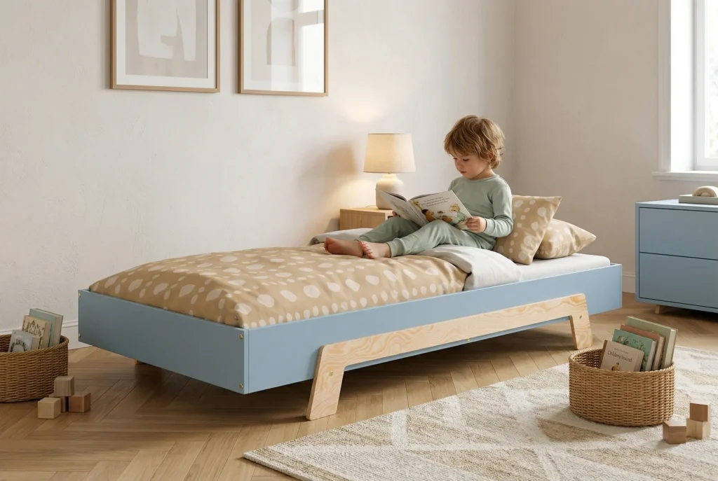 Enfant assis sur un lit enfant bas avec cadre bleu et pieds en contreplaqué de pin naturel, en train de lire un livre dans une chambre lumineuse et chaleureuse.