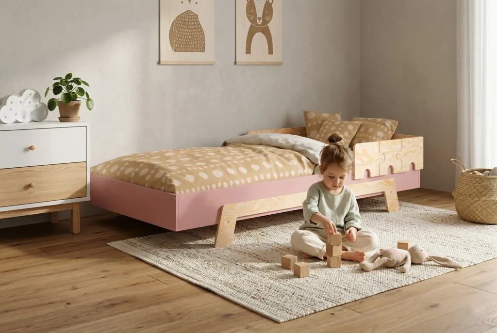 Fillette jouant avec des blocs sur un tapis à côté d’un lit enfant bas avec cadre rose et éléments en contreplaqué de pin naturel, dans une chambre lumineuse et chaleureuse.