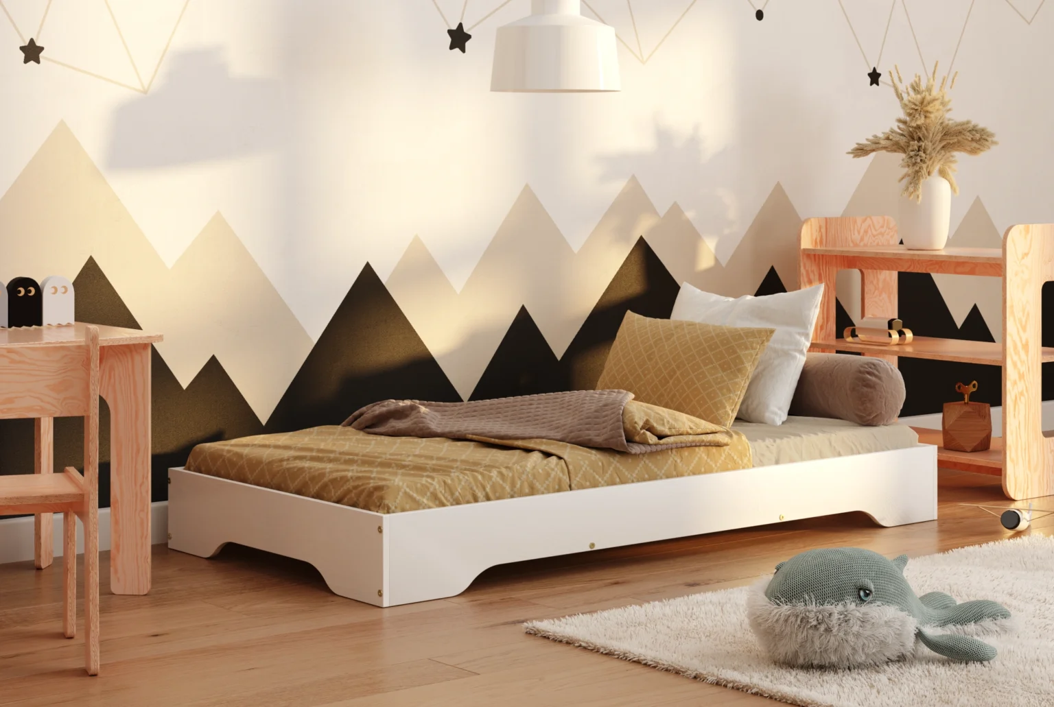 Lit enfant Montessori Tila 7 blanc avec matelas et linge de lit dans une chambre décor montagne