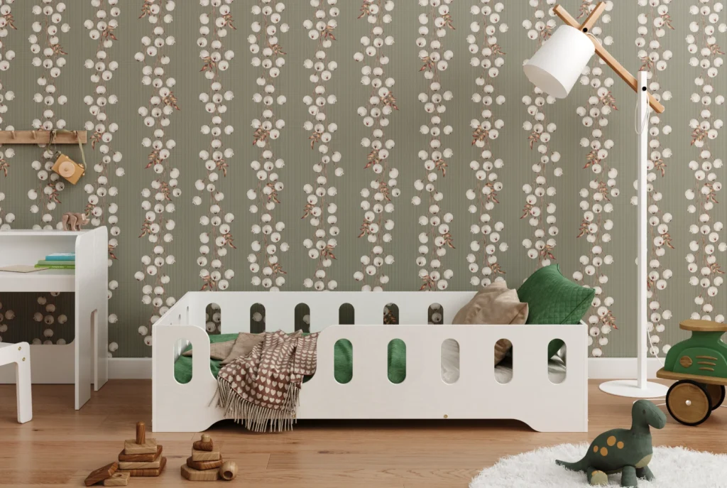 Lit en bois fabriqué en contreplaqué de pin de couleur blanche avec une entrée sur le côté gauche