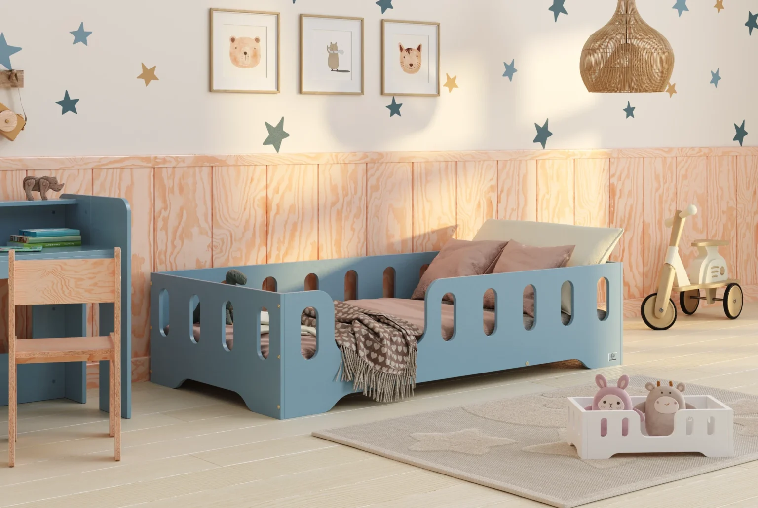 Lit simple en bois pour enfant avec barrière de sécurité et sommier TILA 2 Montessori