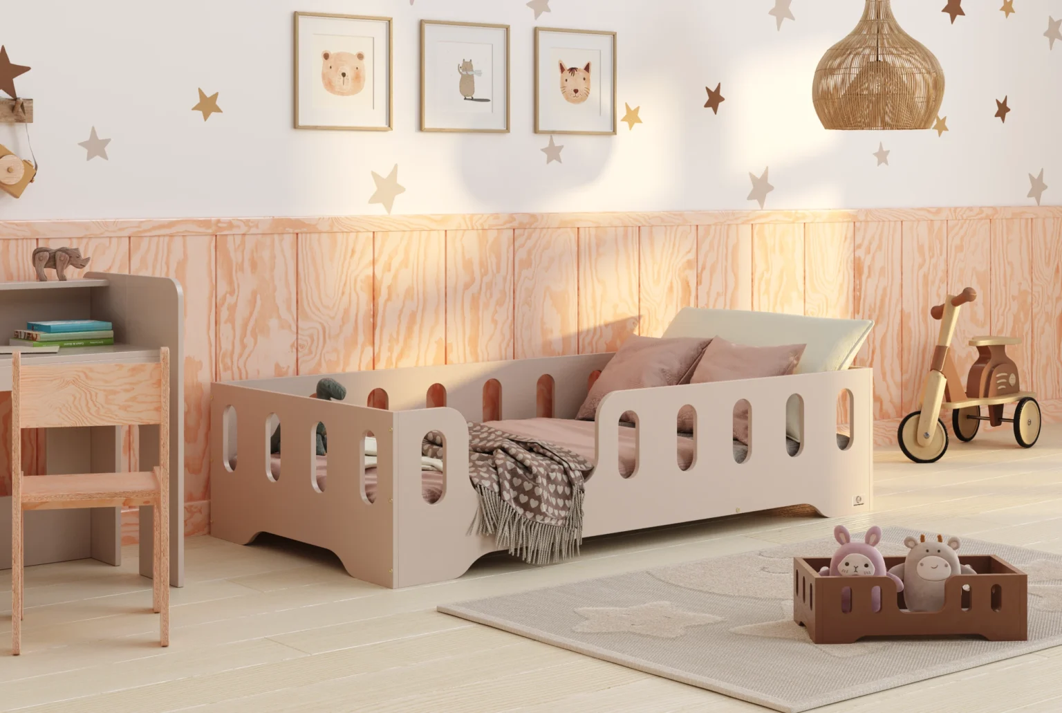 Lit simple en bois pour enfant avec barrière de sécurité et sommier TILA 2 Montessori